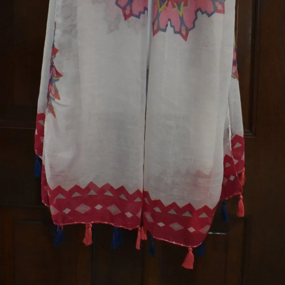 Boho Floral Tassel Scarf Shawl Red Pink White Sheer Lightweight Gypsy Chic